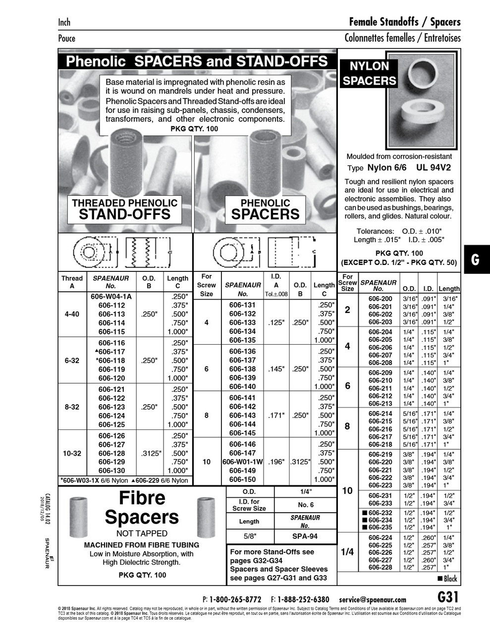 Round Standard Spacer 1/4" Od X .140" Id X 1" Long Nylon 6/6   606-213