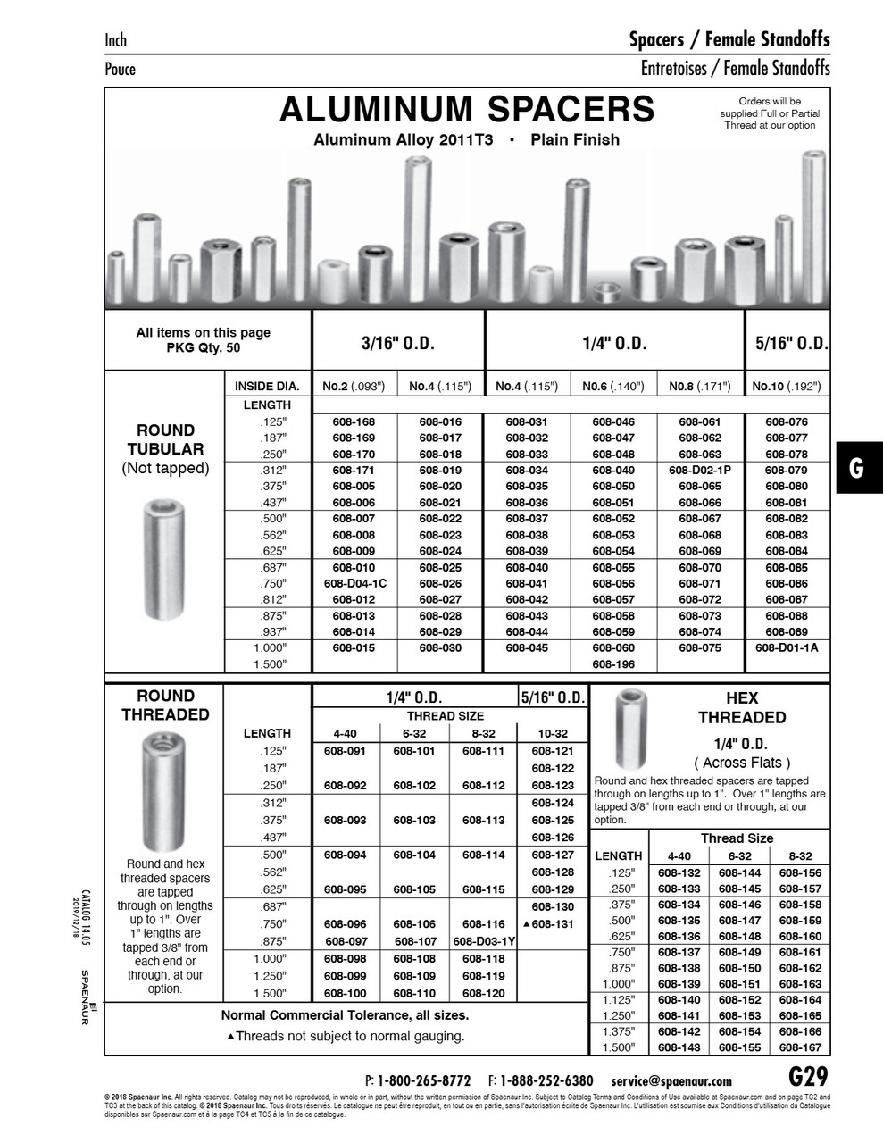 Spacer Round Tubular Not Tapped #4(.115")Id X 1/4" Od X .687" Lgth Aluminum Alloy 2011T3 Plain Finish   608-040