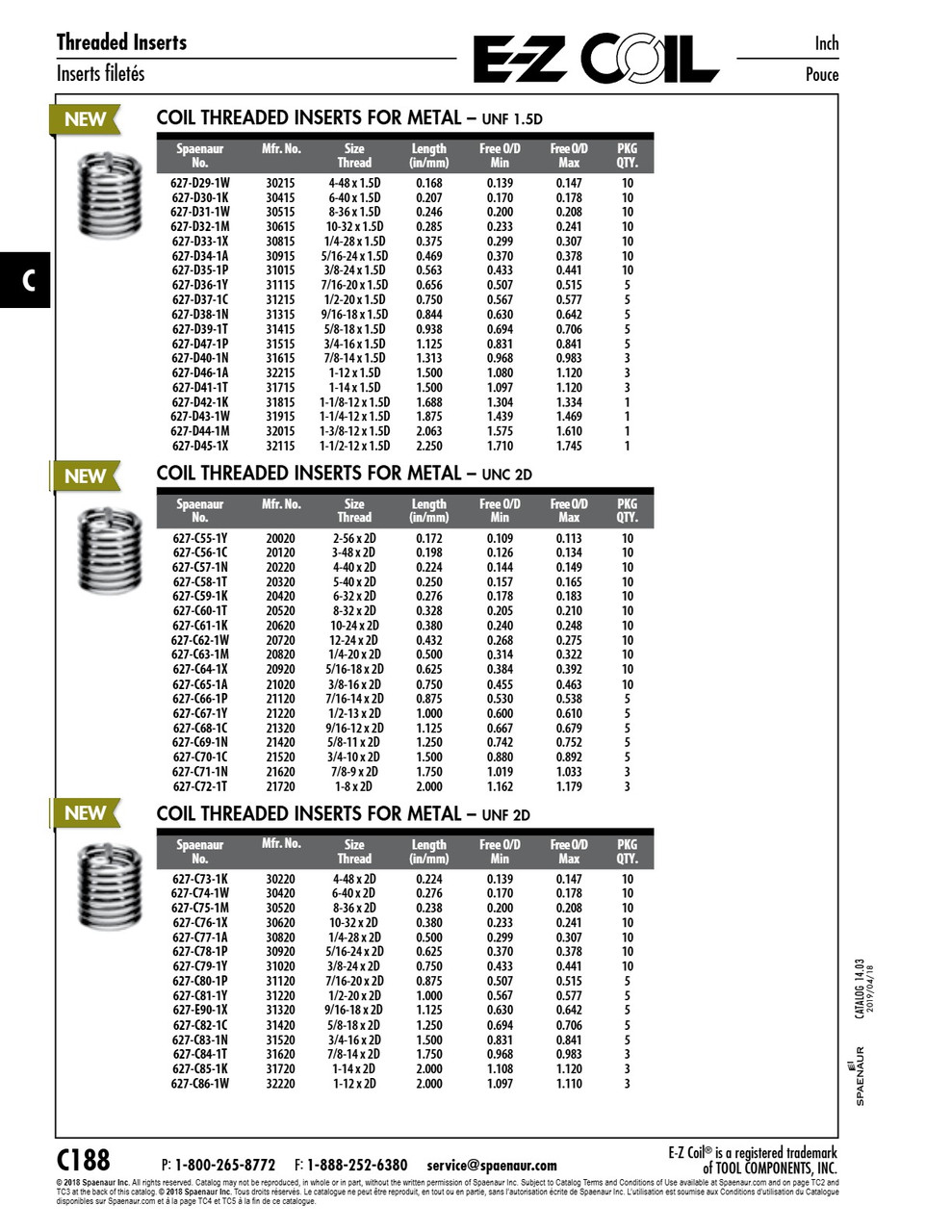 E-Z Coil Helical Thread Insert Standard Free Running 5/8-11 Unc X 1.250" Length 18-8 Stainless Steel E-Z Lok # 21420   627-C69-1N