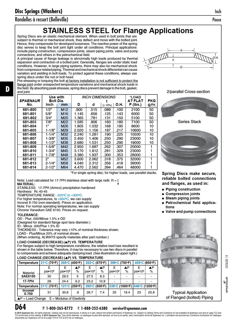 Disc Spring For Flange Application Bolt Size 1" 1.805" Od X 1.032" Id X 0.168" Th Stainless Steel 17/7 Ph Plain   681-804