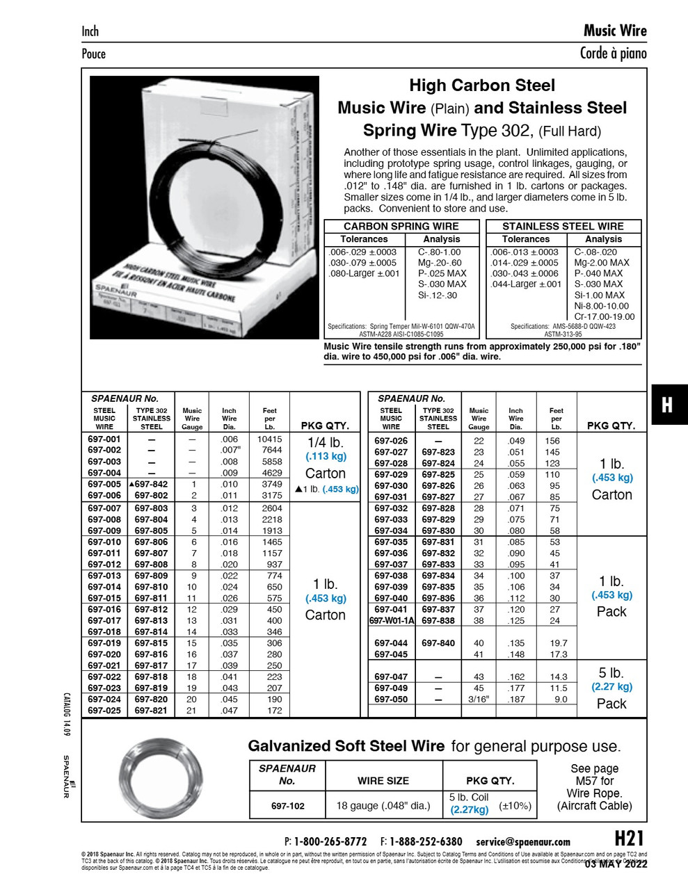 Spring Wire 1 Lb/Coil #12 Ga /.029" Dia 302 Stainless Steel Full Hard   697-812
