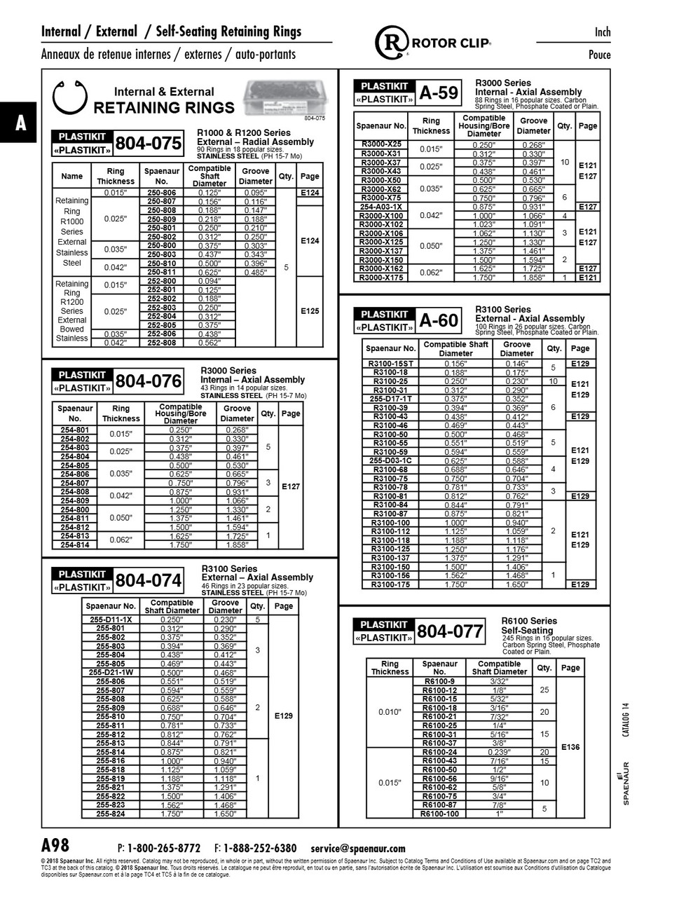 Plastikit Of External Retaining Rings R1000 & R1200 Series 18 Inch Sizes 90 Pcs Ph15-7 Mo Stainless Steel   804-075