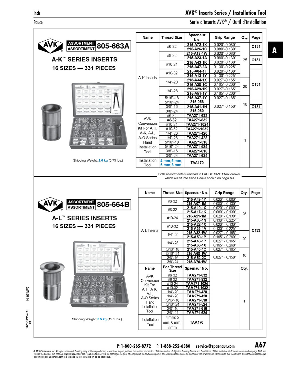 Assortment Of Threaded Inserts A-L Series With Installation Tool In Metal Box   805-664B
