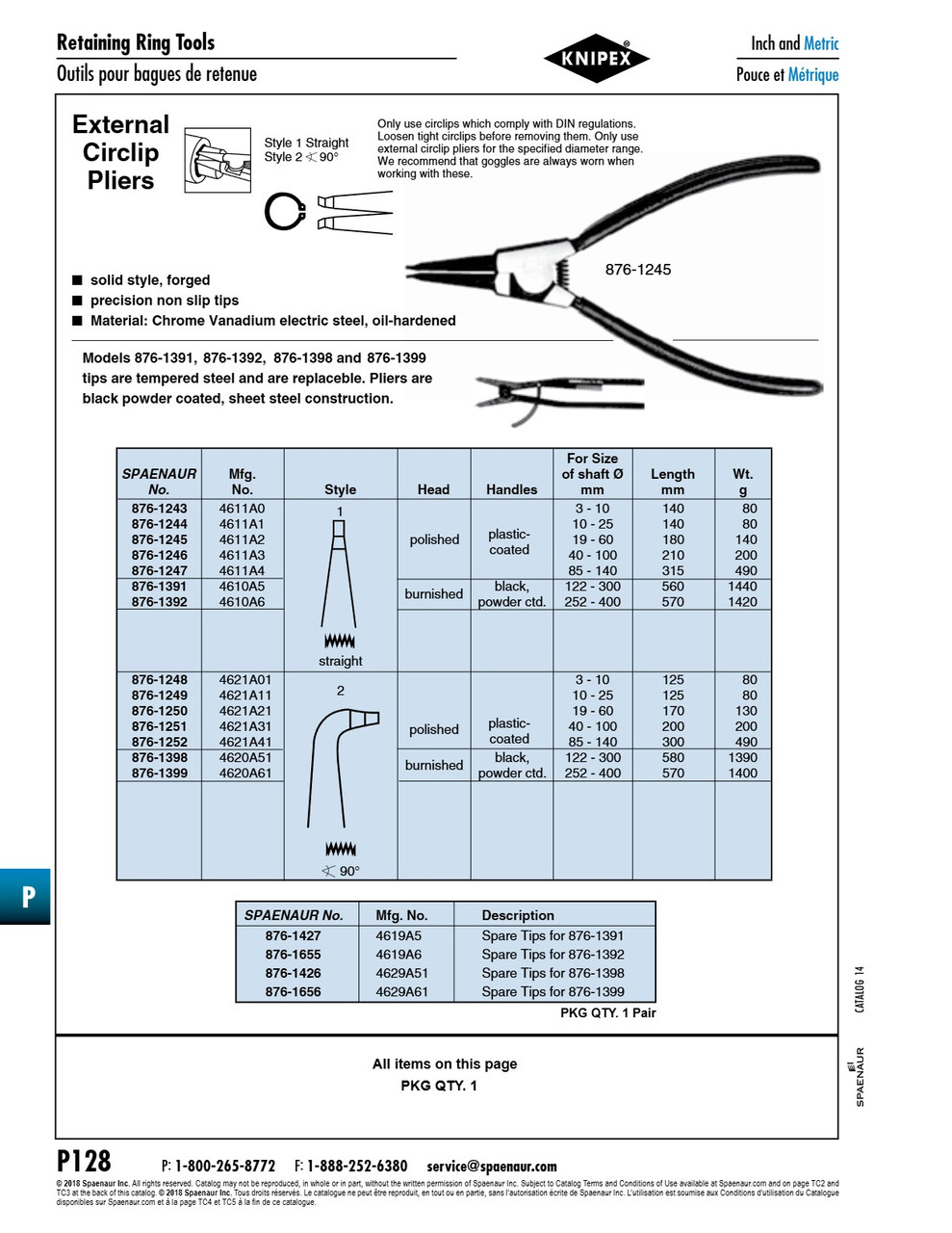 External Circlip (Ret.Ring) Pliers For 252-400Mm Shaft Dia (Replaceable Straight Tips) Steel Burnished Head Black Powder-Coated Handles   876-1392
