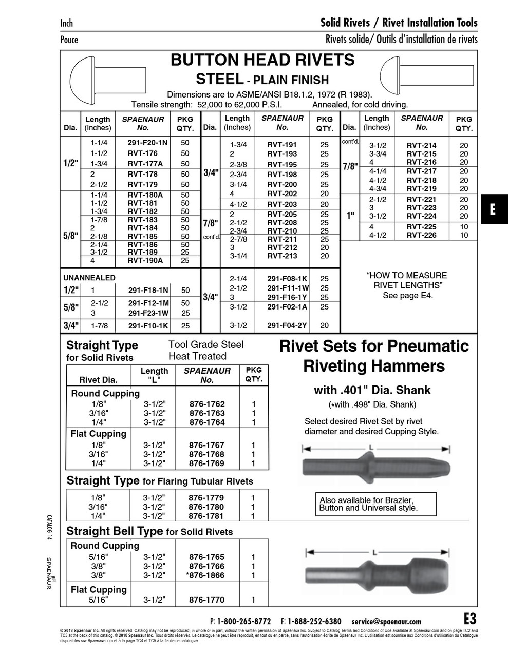 Rivet Set For Flat Head Rivets .401 Shank Straight Type 3 1/2" Lg (For 1/8" Dia Rivet) Tool Grade Steel Heat Treated   876-1767