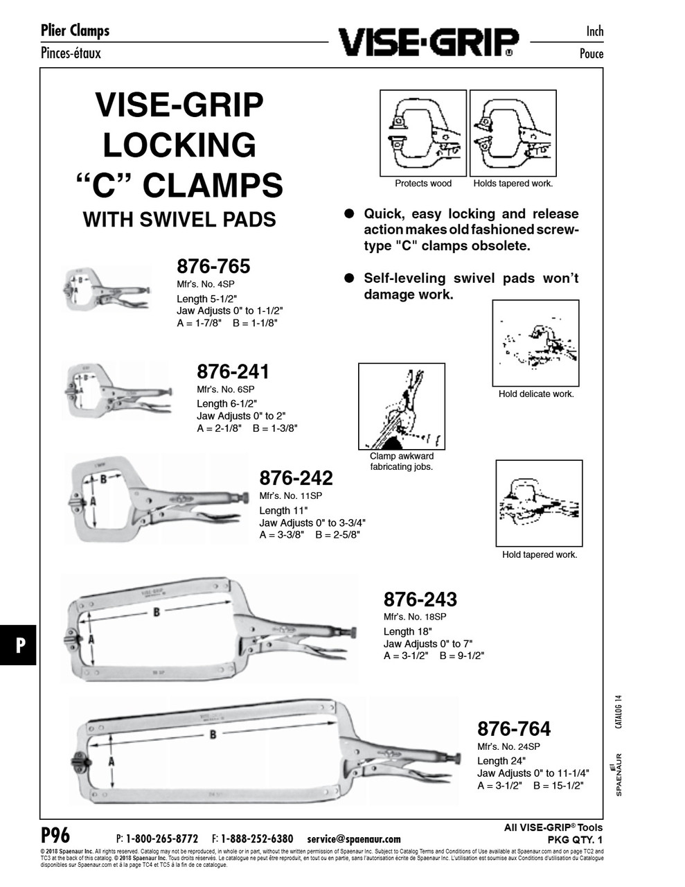 Vise-Grip Locking Clamp With Swivel Pads 6-1/2" Lg 2-1/8" Jaw Alloy Steel Heat Treated   876-241