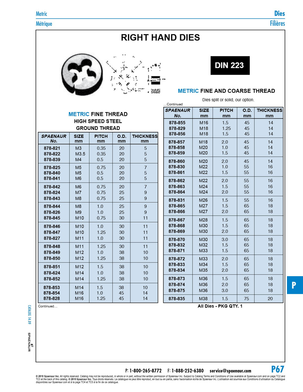 Round Die Fine Pitch Din 223 M10 X 1.25 30Mm Od X 11Mm Thk High Speed Steel Ground Thread Plain Finish Din 223/Hss/Fine M10X1.25   878-847