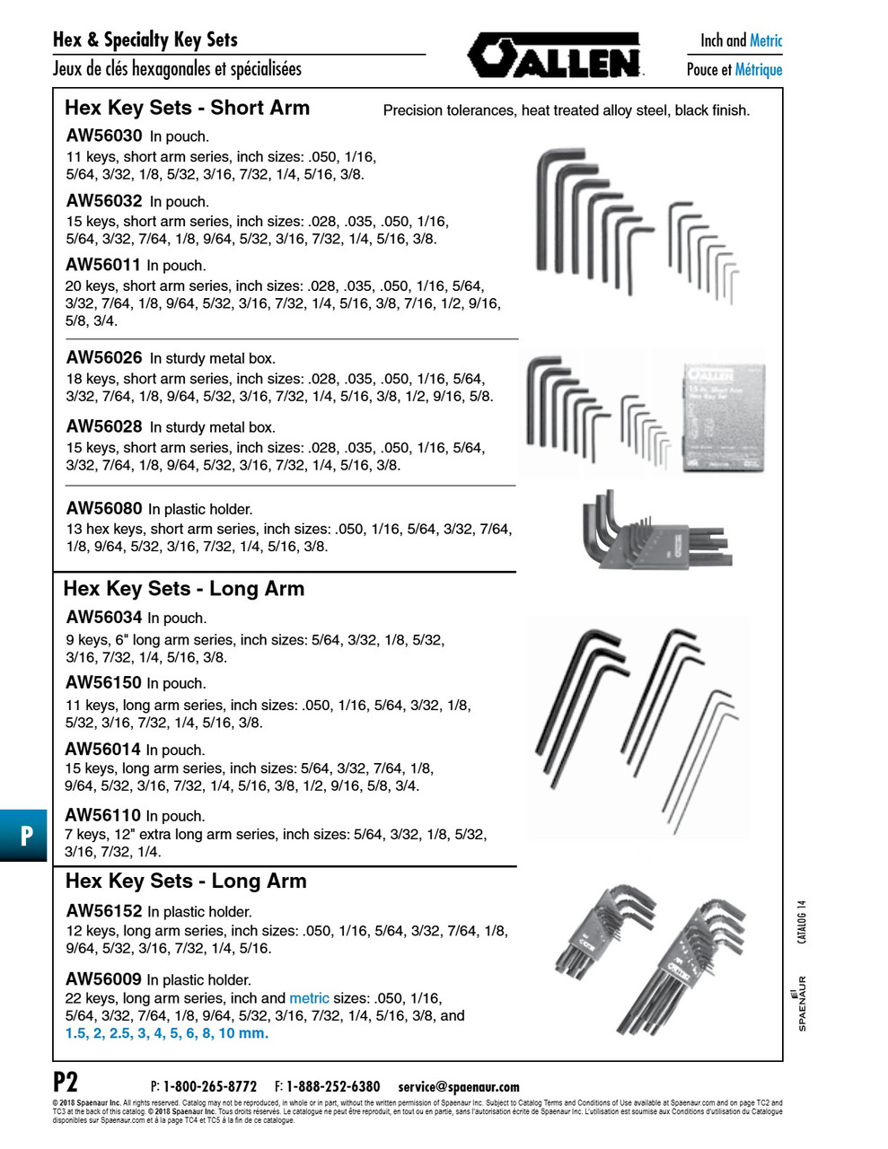 Allen Hex Key Set Long Arm Inch 11 Pc (.050"-3/8") Alloy Steel In Pouch   AW56150