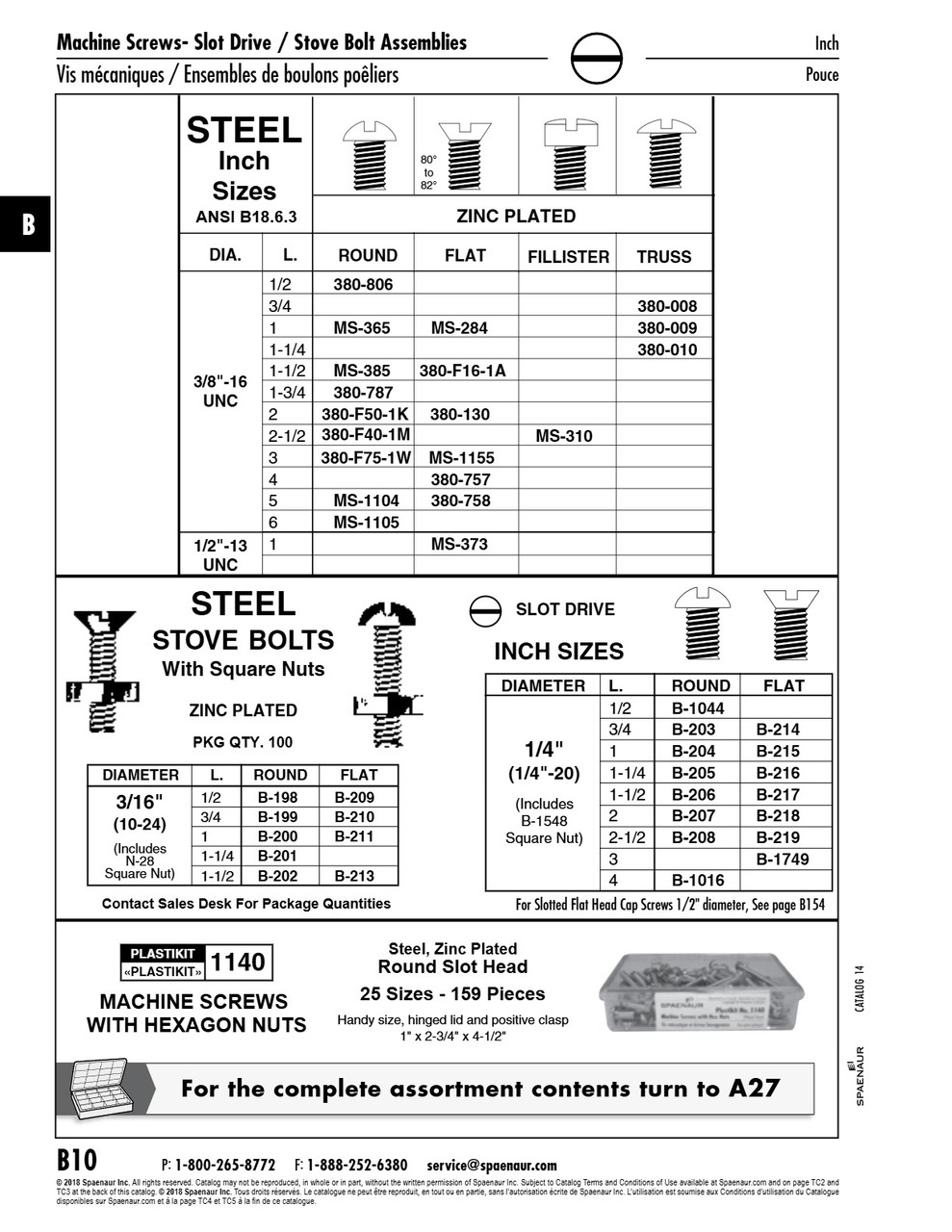 Stove Bolt Flat Slot Head & Square Nut (Ms-1109 + B-1548) 1/4"-20 Unc X 1 1/4" Steel Zinc Plated 100/Pk   B-216