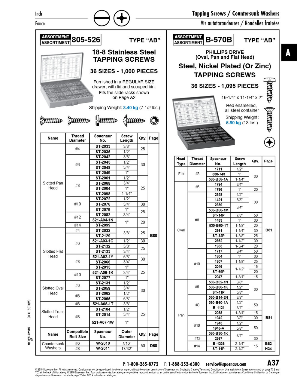 Assortment Of Phillips Head Oval & Pan Style Tapping Screws 36 Sizes 1095 Pieces (In #93-E Metal Box)   B-570B