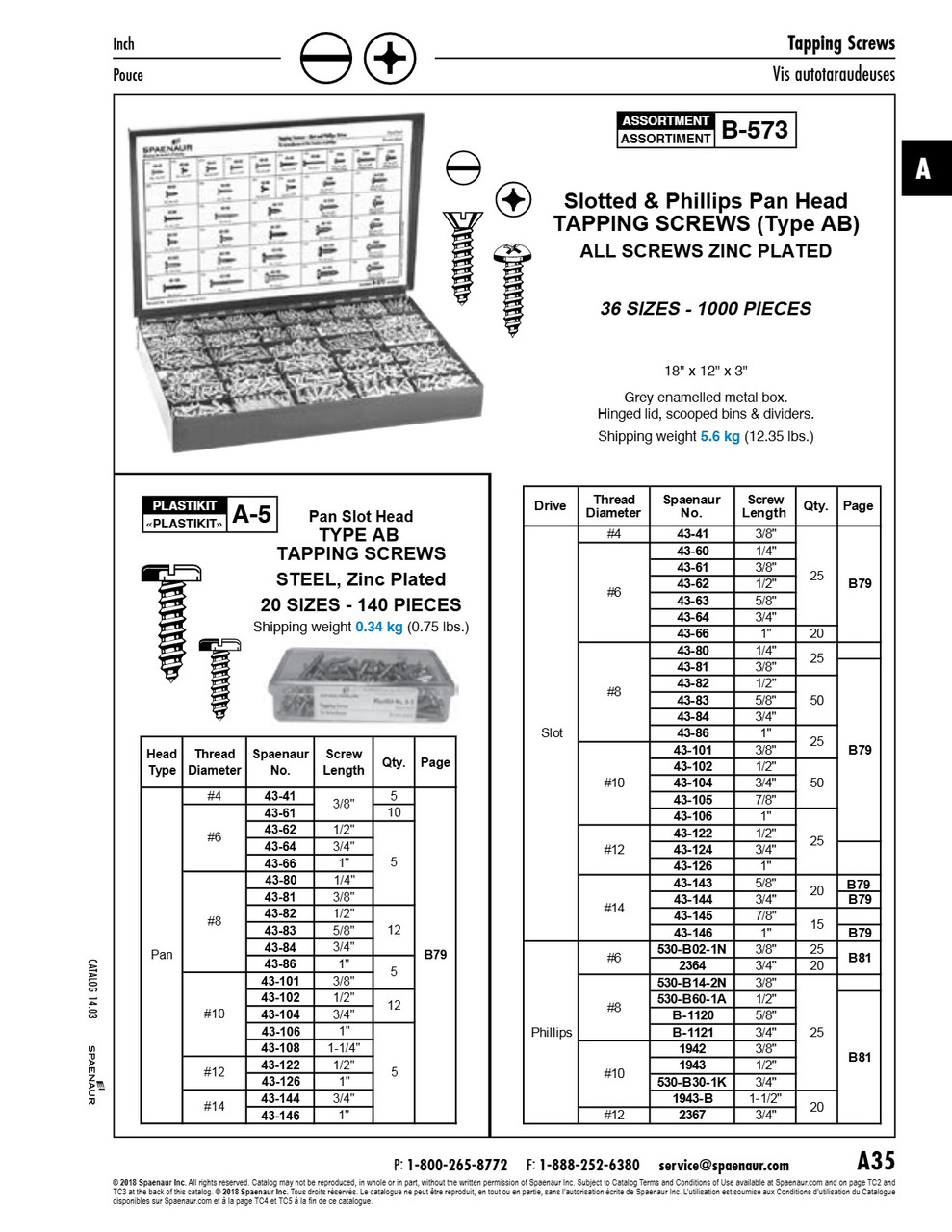 Assortment Of Slotted And Phillips Pan Head Self-Tapping Screws 36 Sizes 1000 Pieces (In #93-E Metal Box)   B-573