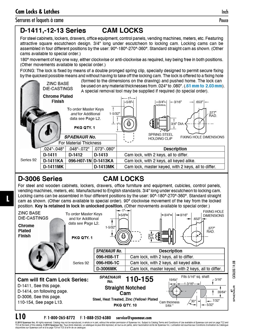 Cam Lockkeyed To Differ For Material Thickness .073"-.080"   D-1413