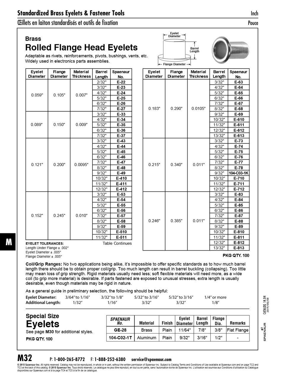 Reg Rolled Flange Head Brass Eyelet 7/32" X 12/32" Brass Plain   E-712
