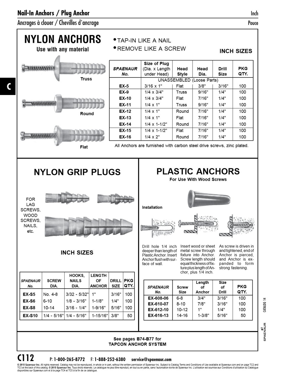 Nylon Anchor Flat Head Unassembled With Drive Screw 1/4" Dia X 2" Long 7/16" Head Dia 1/4" Drill Size Nylon   EX-17
