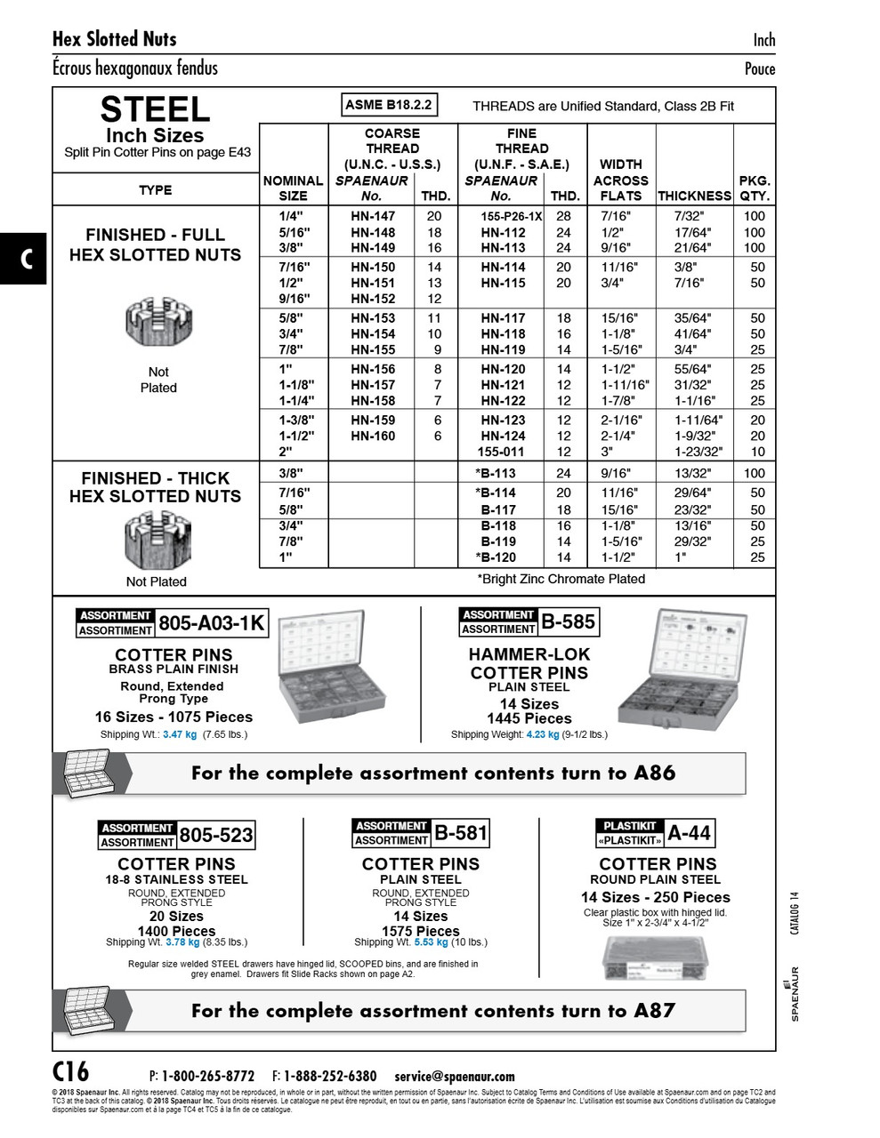 Full Finished Hex Slotted Nut 7/8"-9 Unc (1 5/16" Af X 3/4" Thk) Steel Plain Finish Ansi B18.2.2-1986   HN-155