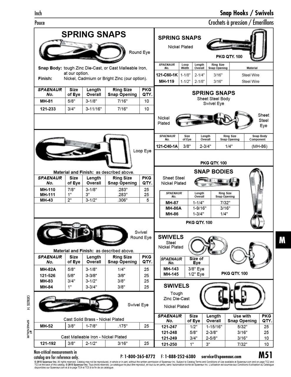 Spring Snap Fixed Loop Eye 7/8" Eye3 1/8" Oal .283" Snap Opening Cast Mall. Iron Cadmium Plated   MH-110