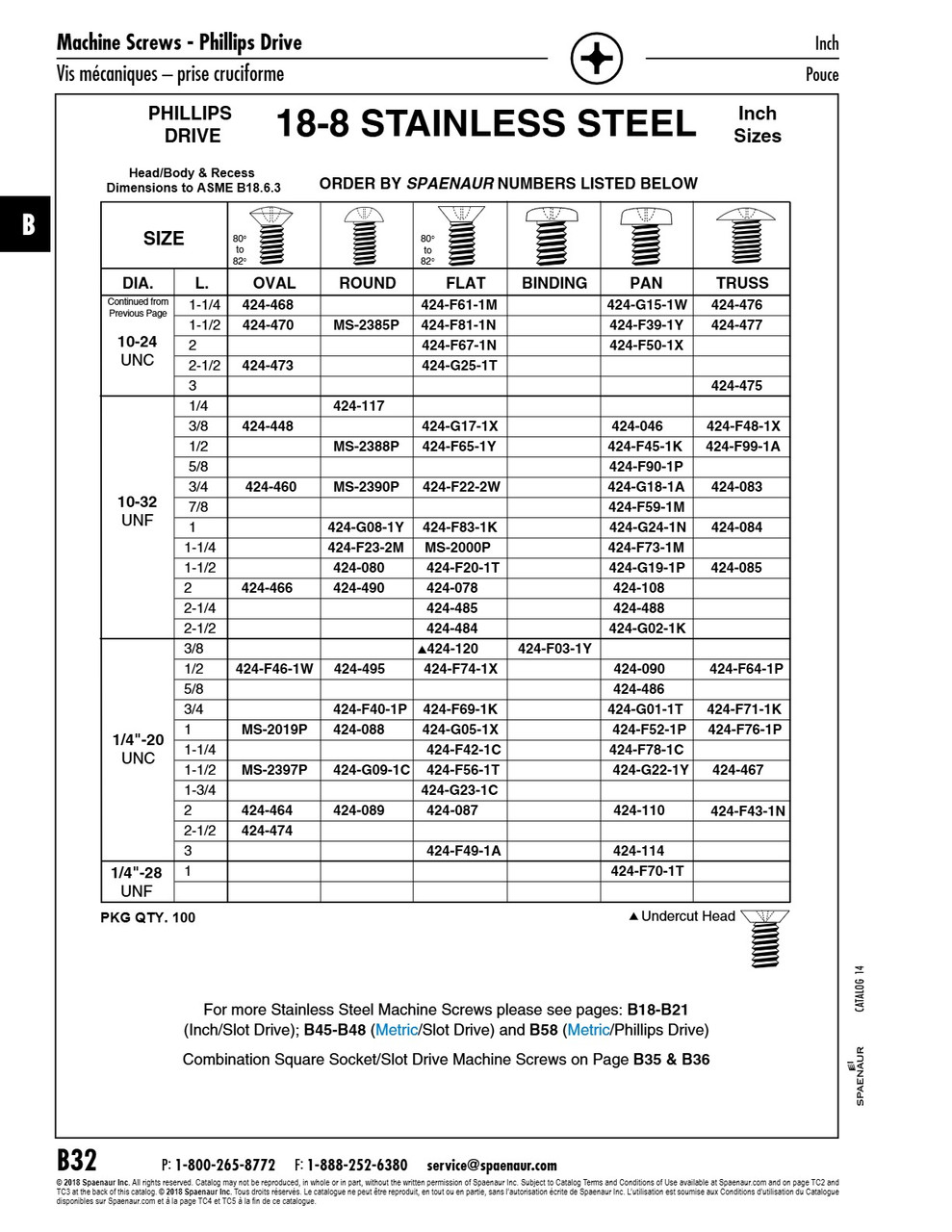 Machine Screw Flat Phillips Head #10-32 Unf X 1 1/4" 18-8 Stainless Steel Ansi B18.6.3-1972   MS-2000P