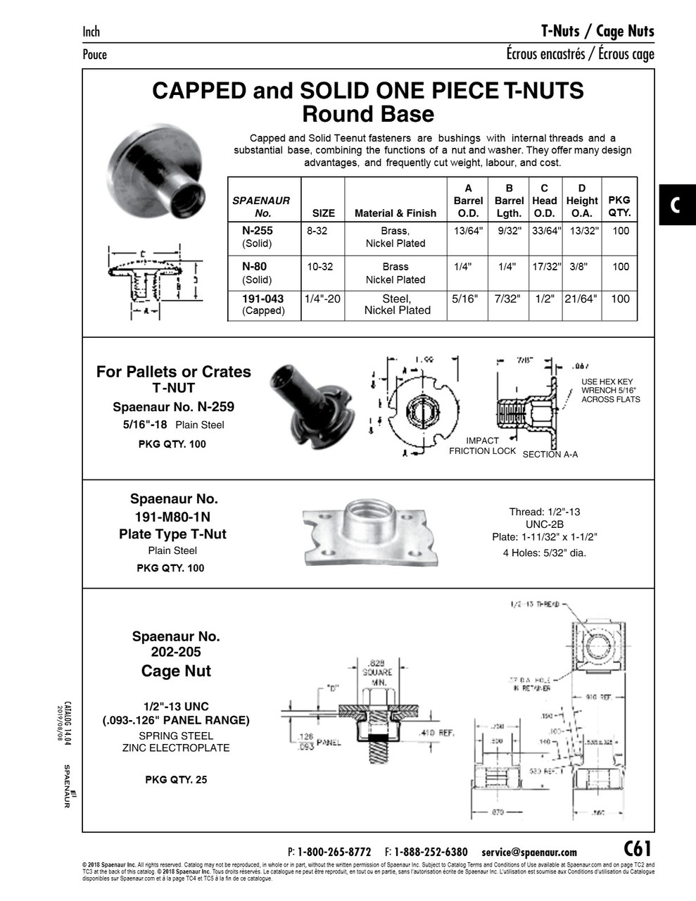 Tee Nut Pallet Type Round Base 1" Base Dia With 3 Notches 1/8" W 7/8" Barrel Lgth 5/16"-18 Socket For 5/16" Hex Key Steel Plain   N-259