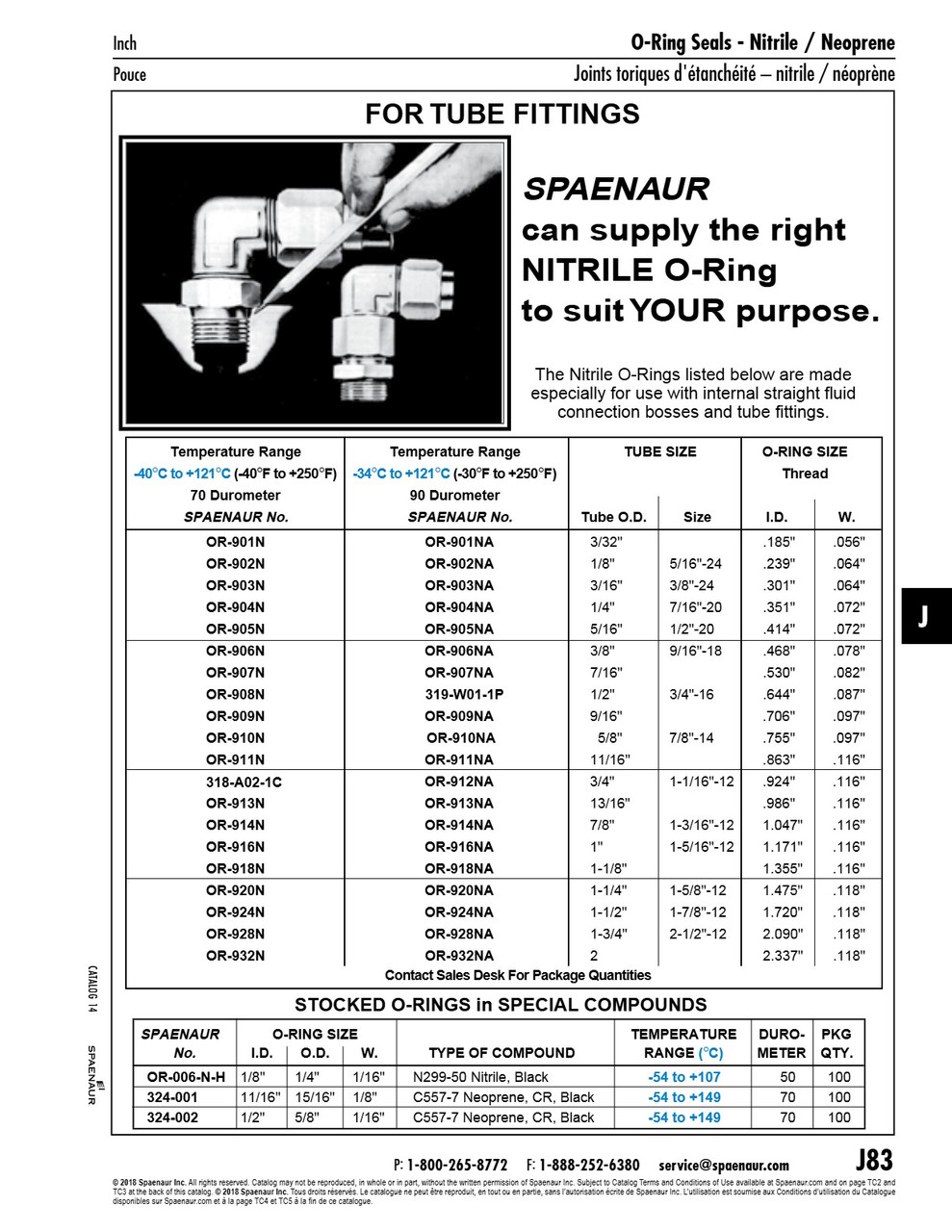 O-Ring Tube Fitting Type Nitrile Duro 70 -40F +250 F .414" Id X .072" W For 5/16" Tube Od   OR-905N