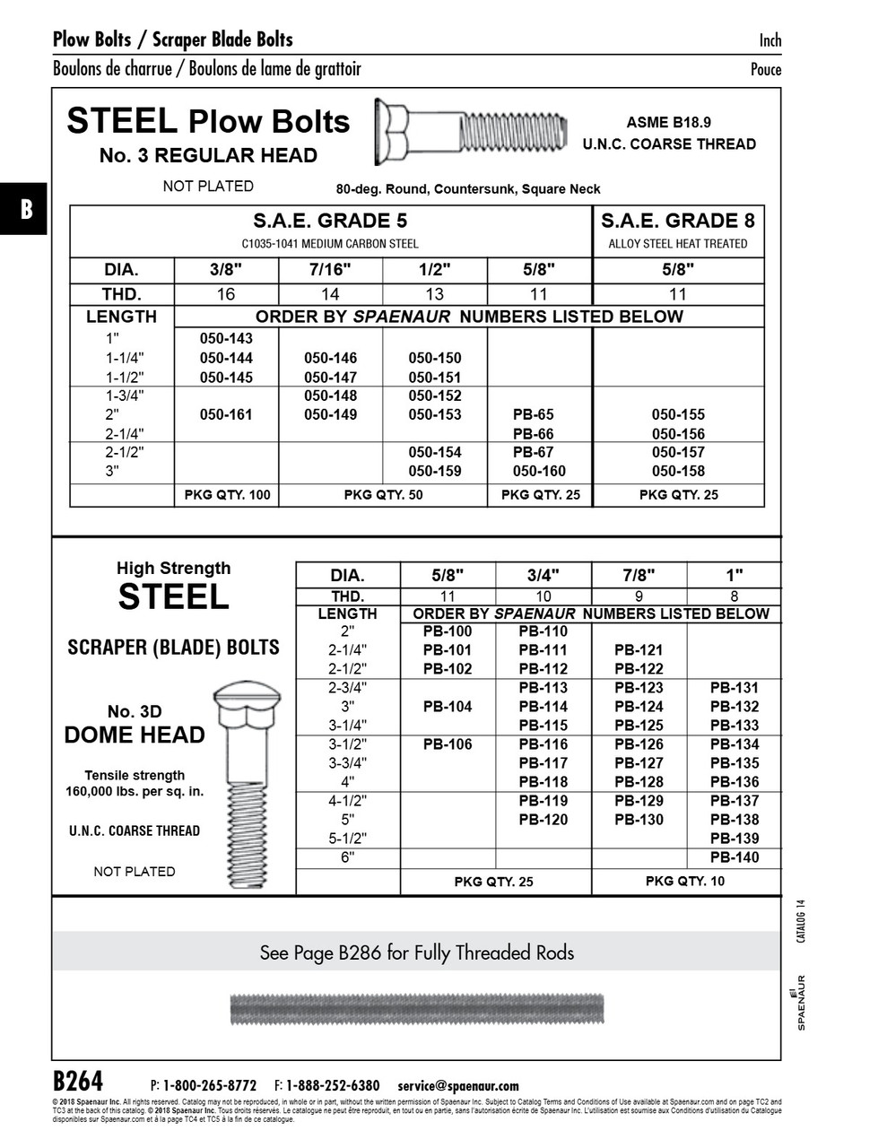 Scraper Bolt Dome Head No.3D 5/8"-11 Unc X 2 1/4" L Steel Plain   PB-101