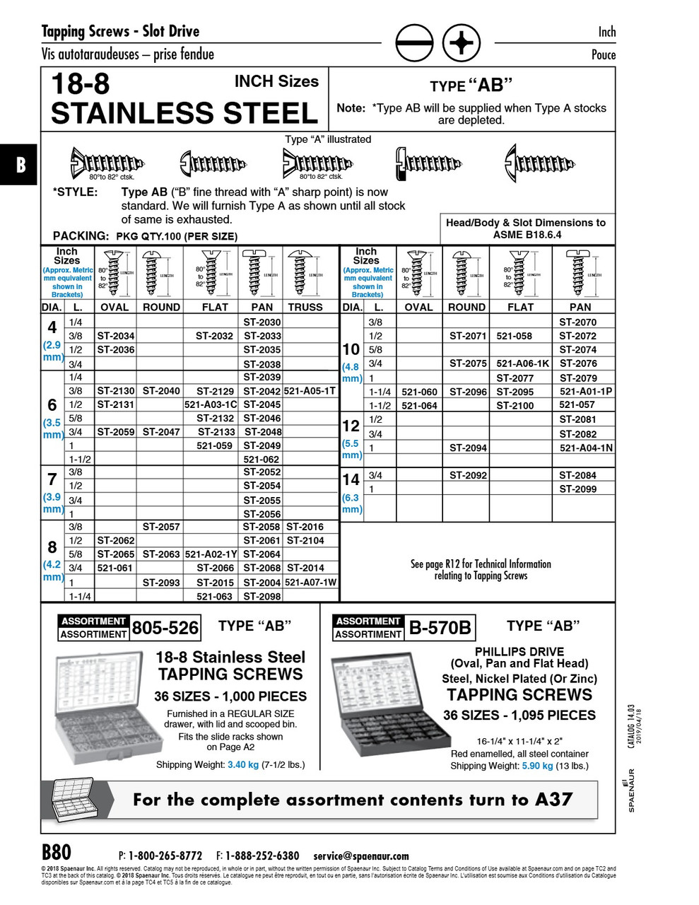 Tapping Screw Slot Pan Hd #12 X 3/4" Lg Type A 18-8 Stainless Steel Ansi B18.6.4-1981   ST-2082