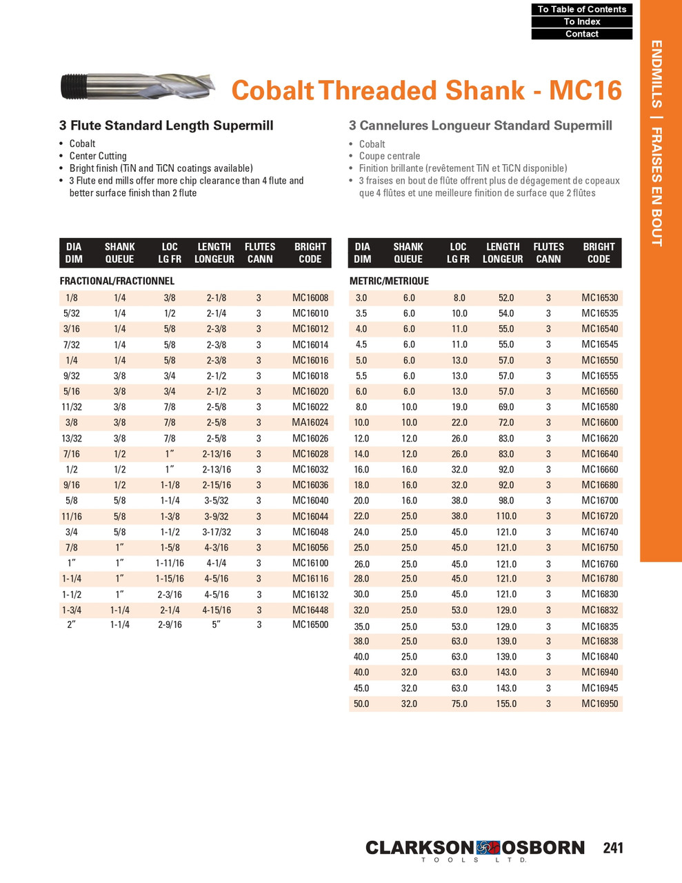 9/16" Cobalt 3 Flute Threaded Shank End Mill   MC16036