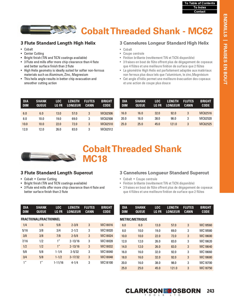 25mm TiN Coated Cobalt 3 Flute Threaded Shank End Mill   MC18750T