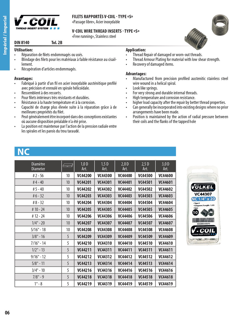 10 Pc. #6-32 x 1.5 D V-Coil® Threaded Inserts   VC44303