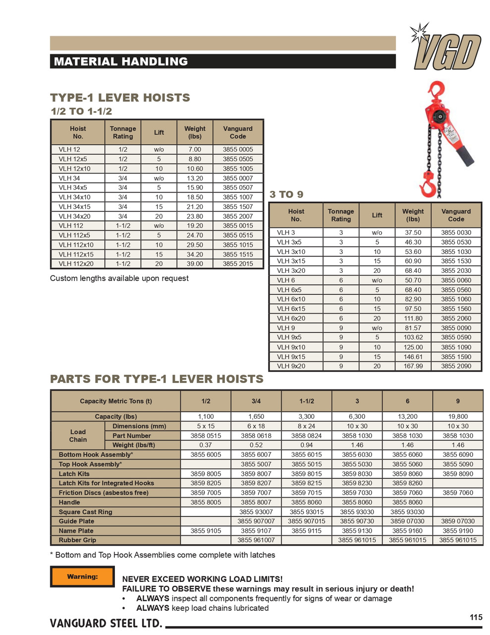3/4T @ w/o Lift Heavy Duty VLH Series Lever Chain Hoist   3855 0007