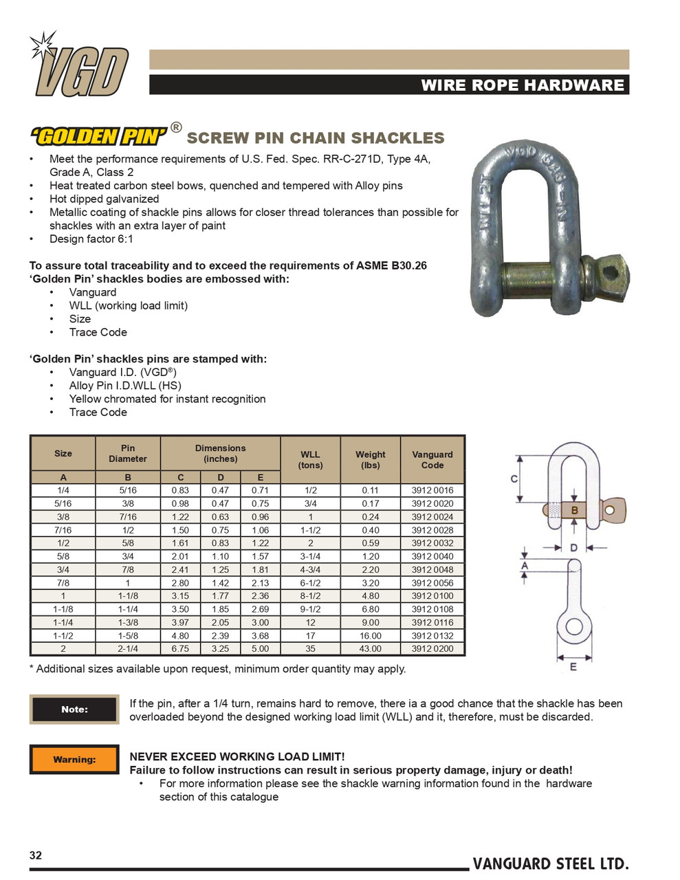 1" Golden Pin® Screw Pin Chain Shackle   3912 0100
