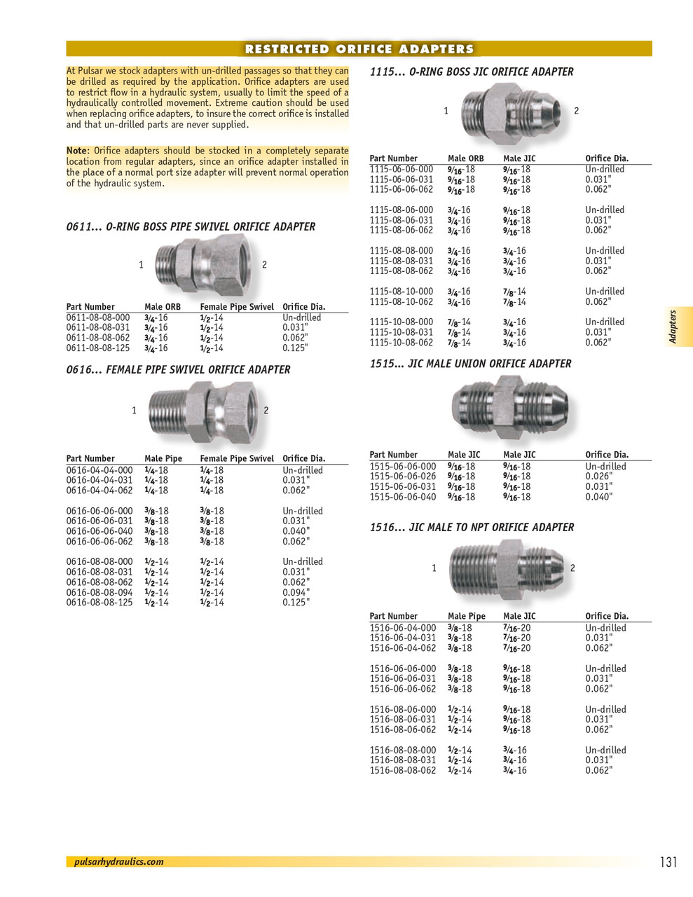 1/2 x 1/2" Steel Male NPT - Male 37° JIC Restricted Orifice "Un-drilled"  1516-08-08-000