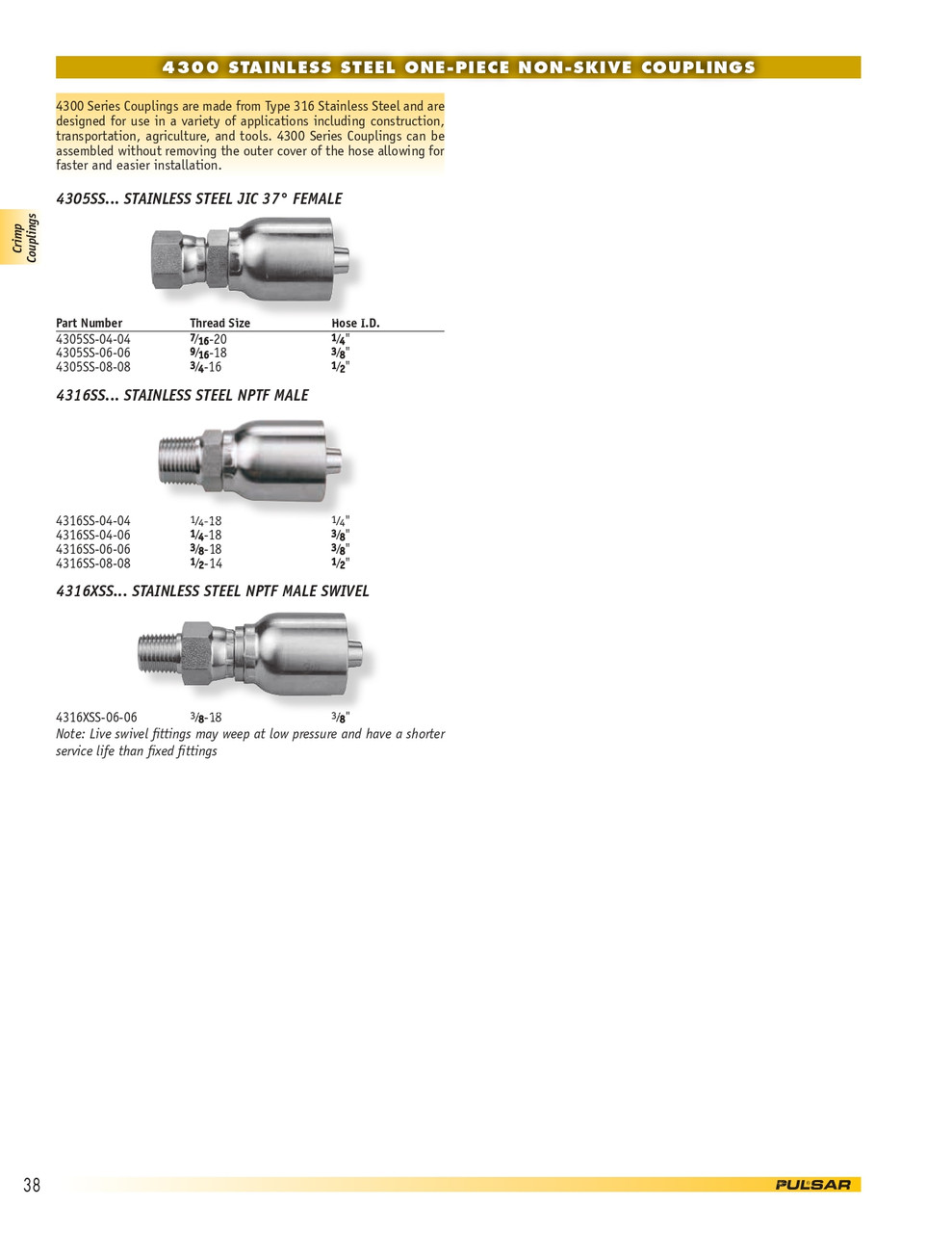 3/8 x 3/8" Pulsar Stainless Steel 4300 Series Hose Crimp - Female 37° JIC Swivel  4305SS-06-06
