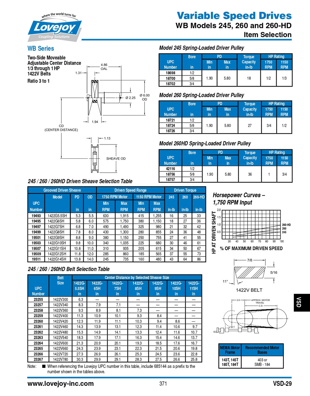 1/2" Shaft Lovejoy® WB Series Model 260 Spring Loaded Driver Pulley   260-1/2-PULLEY