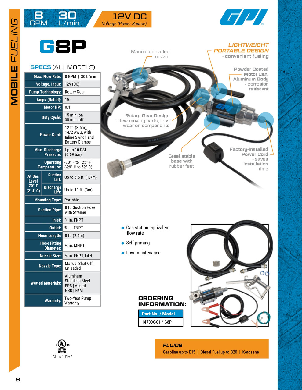8 GPM 12V G8P® Portable Fuel Transfer Pump   147000-01
