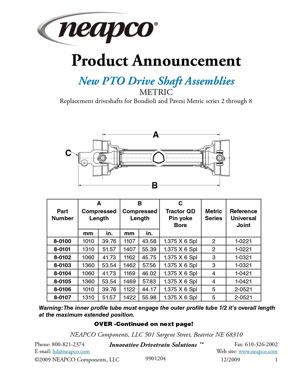1.375" 6 Spline - Bondioli® 2 Series Drive Shaft Assembly  8-0101