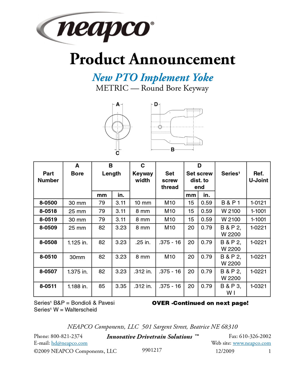 1-1/8" Round - Bondioli® 2/Walterscheid® 2200 Series End Yoke w/Single Keyway  8-0508
