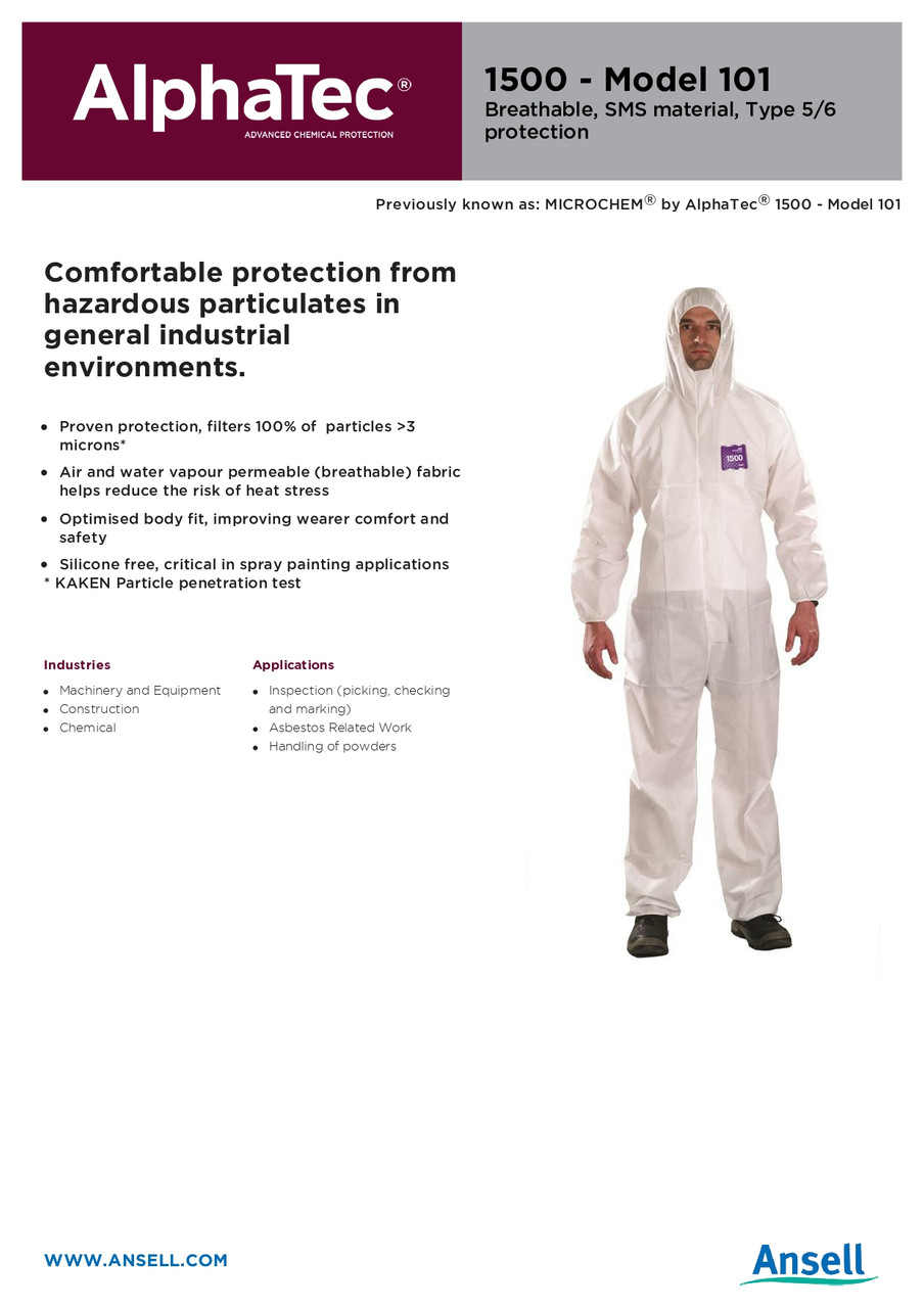Ansell AlphaTec® 1500 Series General Duty Chemical Suit w/Hood  WH17-S-92-101