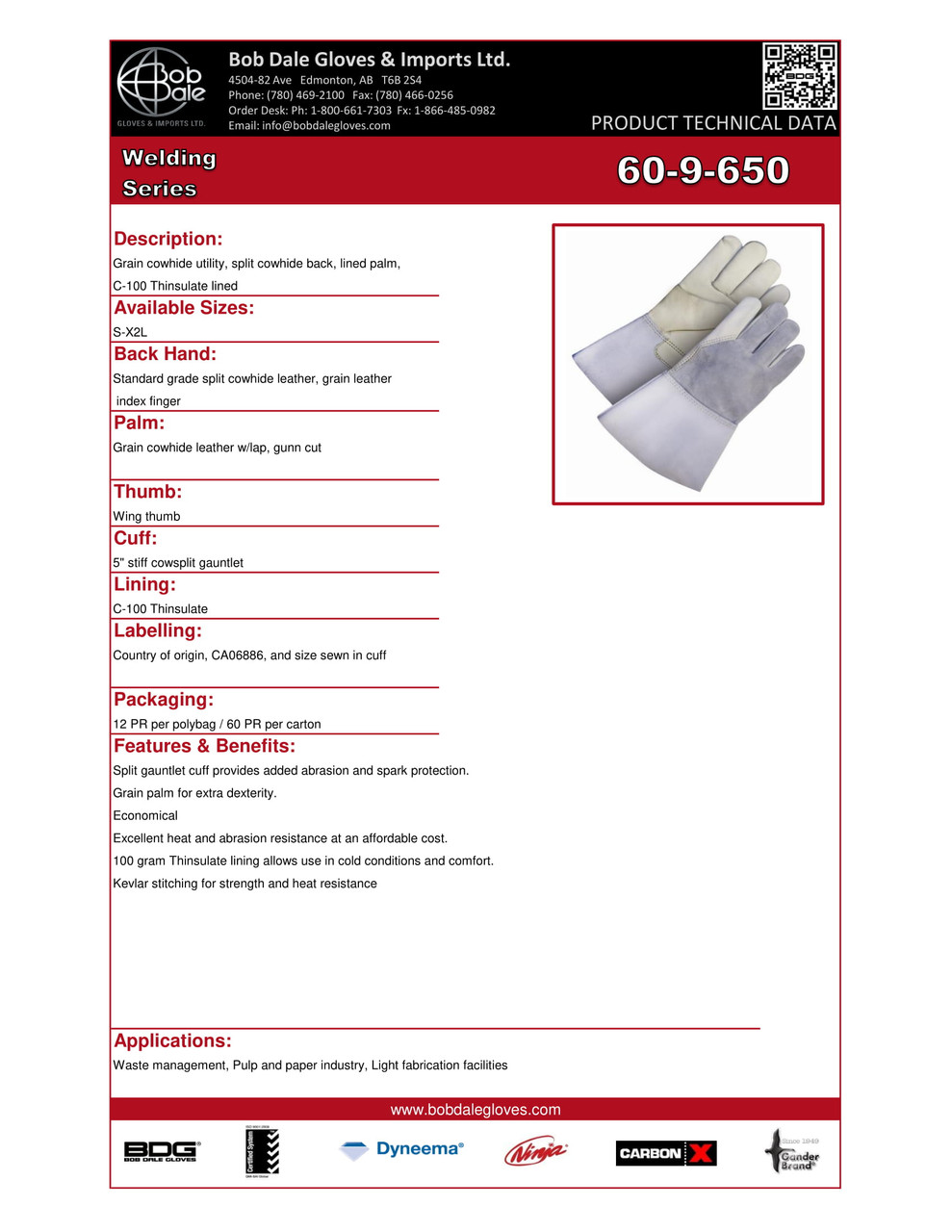 Winter Grain Cowhide Weld Glove Thinsulate® C100 Lined w/5" Split Cowhide Gauntlet  60-9-650