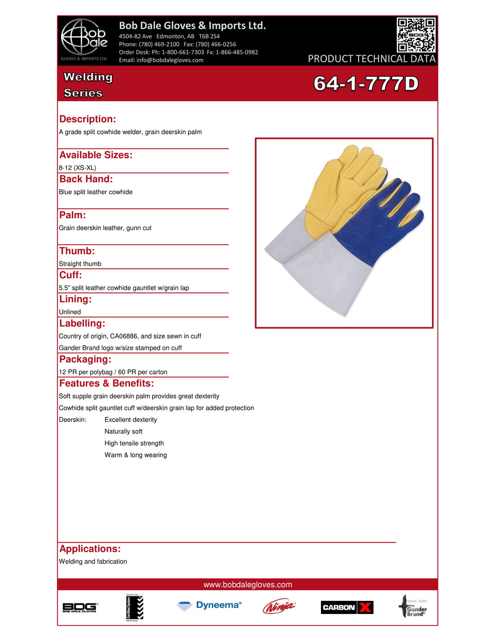 Grain Deerskin Weld Glove w/5.5" Split Cowhide Gauntlet Blue/Gold  64-1-777D