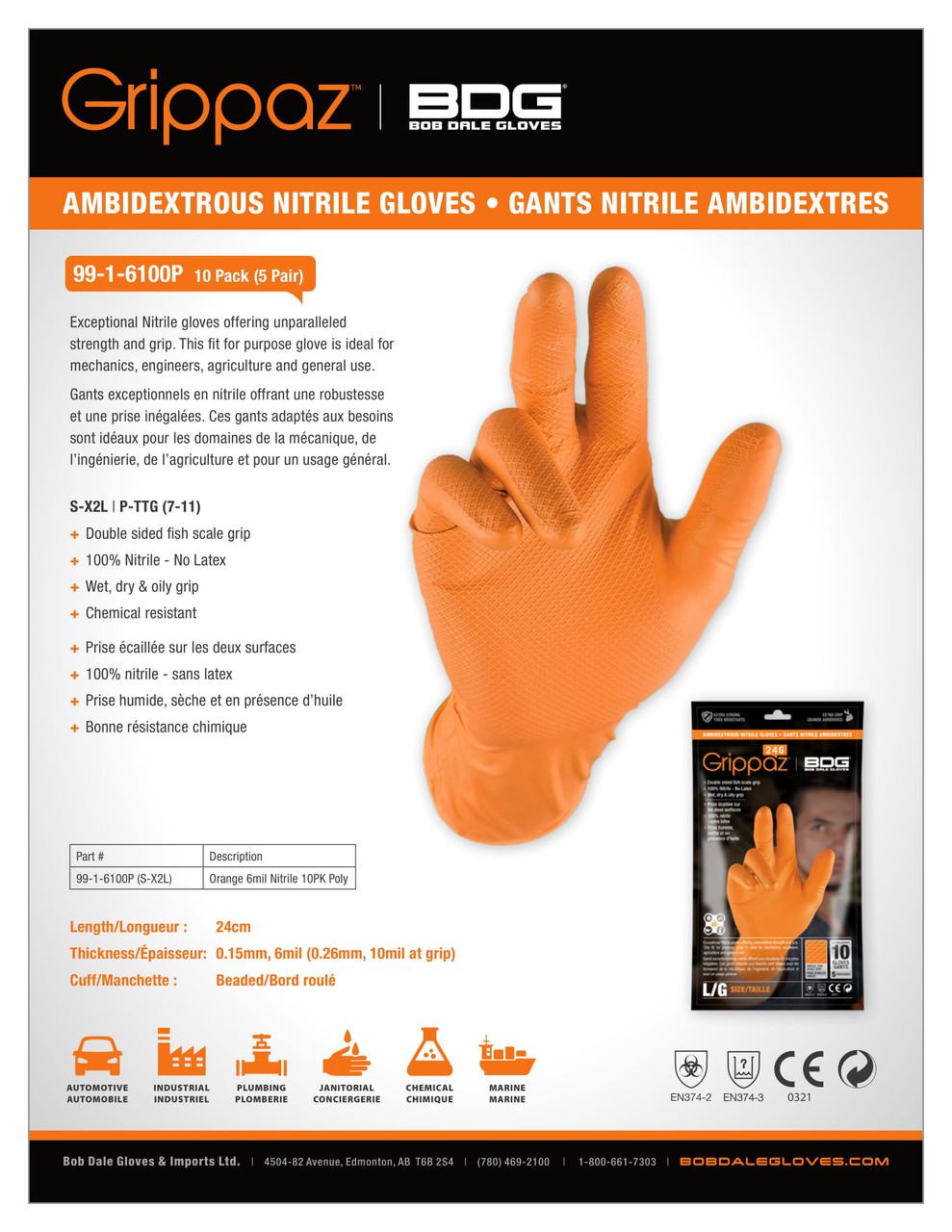 BDG® Orange Grippaz Nitrile Glove (10 Pack)  99-1-6100P