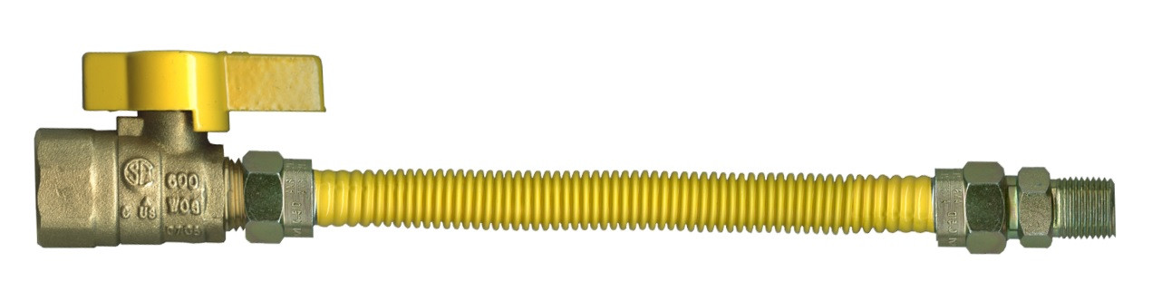 3/8 x 24" Male NPT - Yellow Coated S/S Natural Gas Hose Assembly w/Ball Valve  ACS-375MBV-24