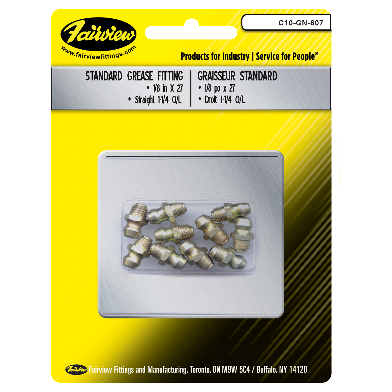 1/8-27" x 1.25" Steel Male NPT Straight Grease Nipple - 10 Pack  C10-GN-607