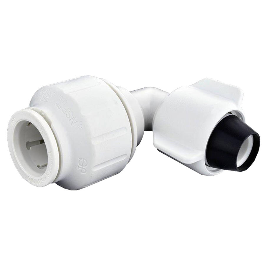 1/2 x 1/2" JG® White Polypropylene CTS Twist Lock - Female NPS Swivel 90° Elbow  PEIBTC2034