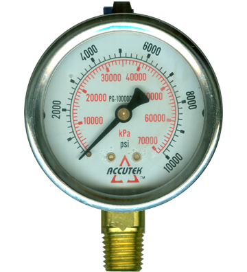 0-10000 PSI  - 2-1/2" Liquid Filled - Stainless Case - Brass Stem Mount - Pressure Gauge  PG-10000SG25