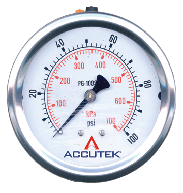 0-100 PSI  - 2-1/2" Liquid Filled - Stainless Case - Brass Center Back Mount - Pressure Gauge  PG-100CG25