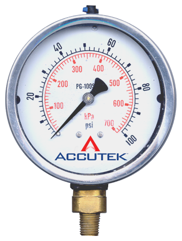 0-100 PSI  - 4" Liquid Filled - Stainless Case - Brass Stem Mount - Pressure Gauge  PG-100SG4