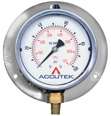 0-100 PSI  - 4" Liquid Filled - Stainless Case - Brass Stem Mount - Pressure Gauge w/Flange  PG-100SGRF