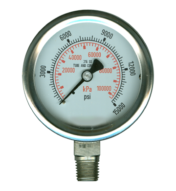 0-15000 PSI  - 2-1/2" Liquid Filled - Stainless Case - Brass Stem Mount - Pressure Gauge  PG-15000SG25
