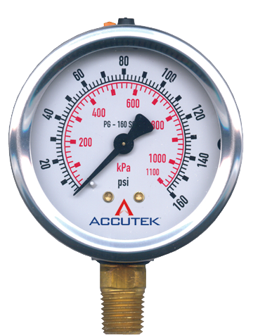 0-160 PSI  - 2-1/2" Liquid Filled - Stainless Case - Brass Stem Mount - Pressure Gauge  PG-160SG25