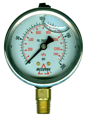 0-200 PSI  - 2-1/2" Liquid Filled - Stainless Case - Brass Stem Mount - Pressure Gauge  PG-200SG25